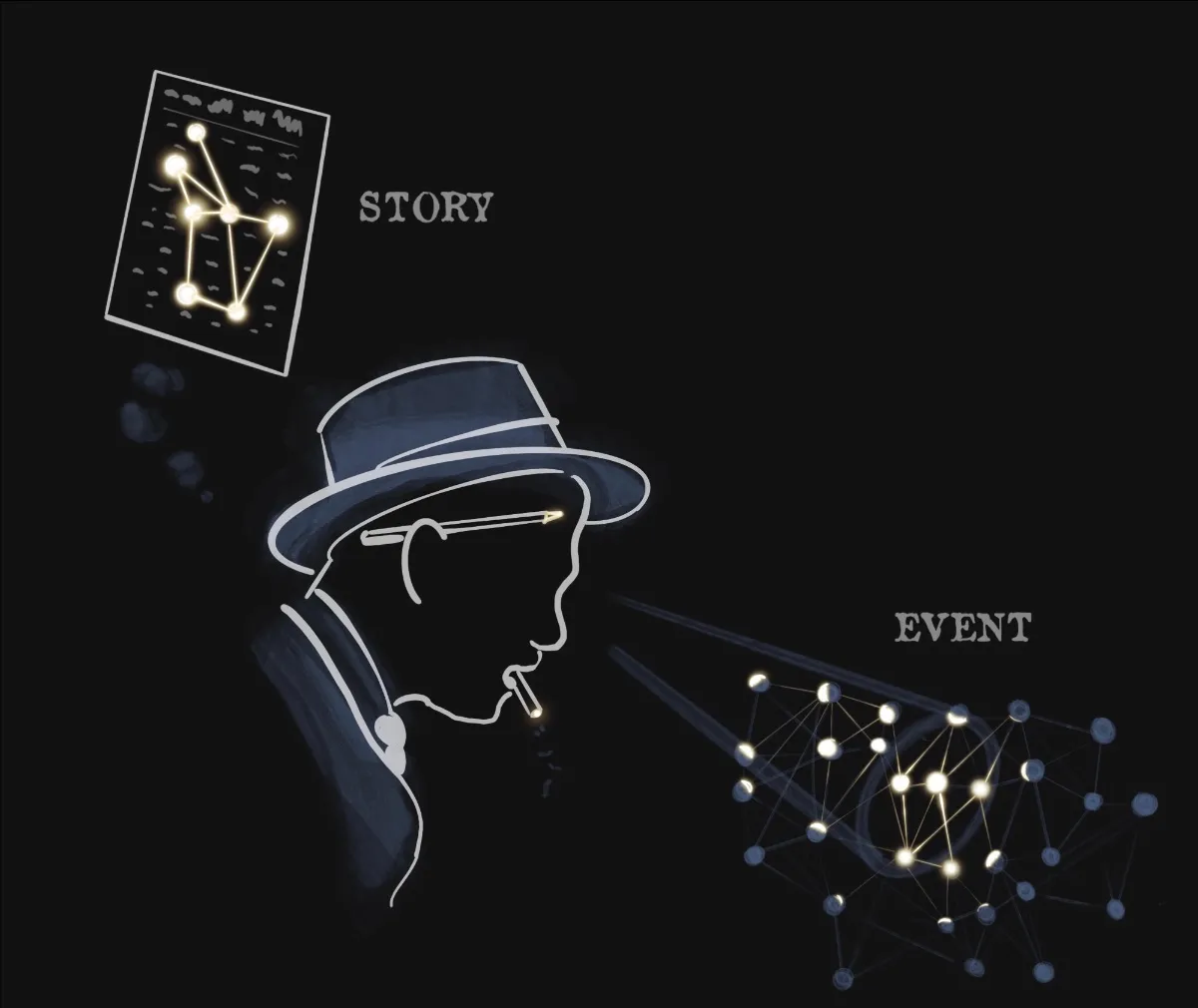 Dots connected into a narrative pattern forming a news story